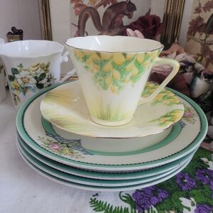 Floral Green and Yellow Teacup and Saucer Set
